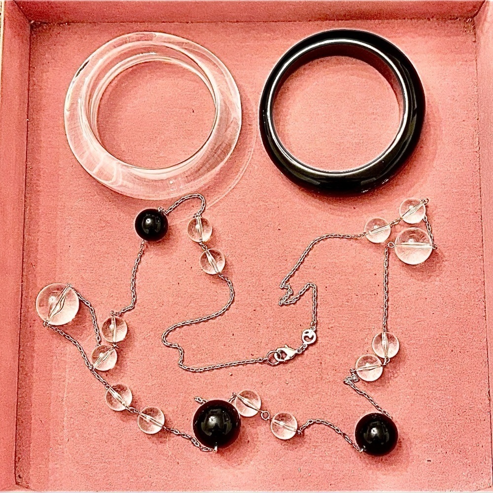 St John Long Necklace With Matching Bracelets Black & Clear Excellent Condition